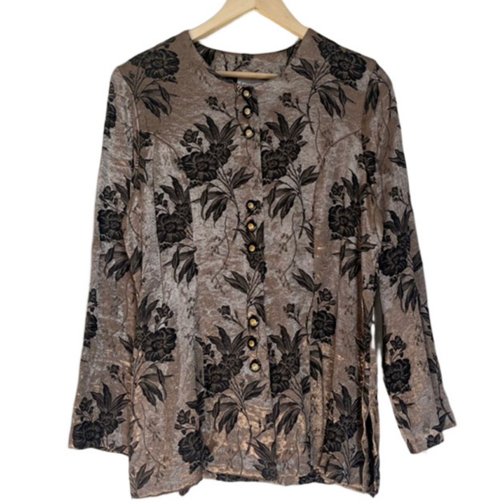 Vintage 90’s Gold & Black Floral Blouse Velvet Jacquard Button Down Tailored Fit